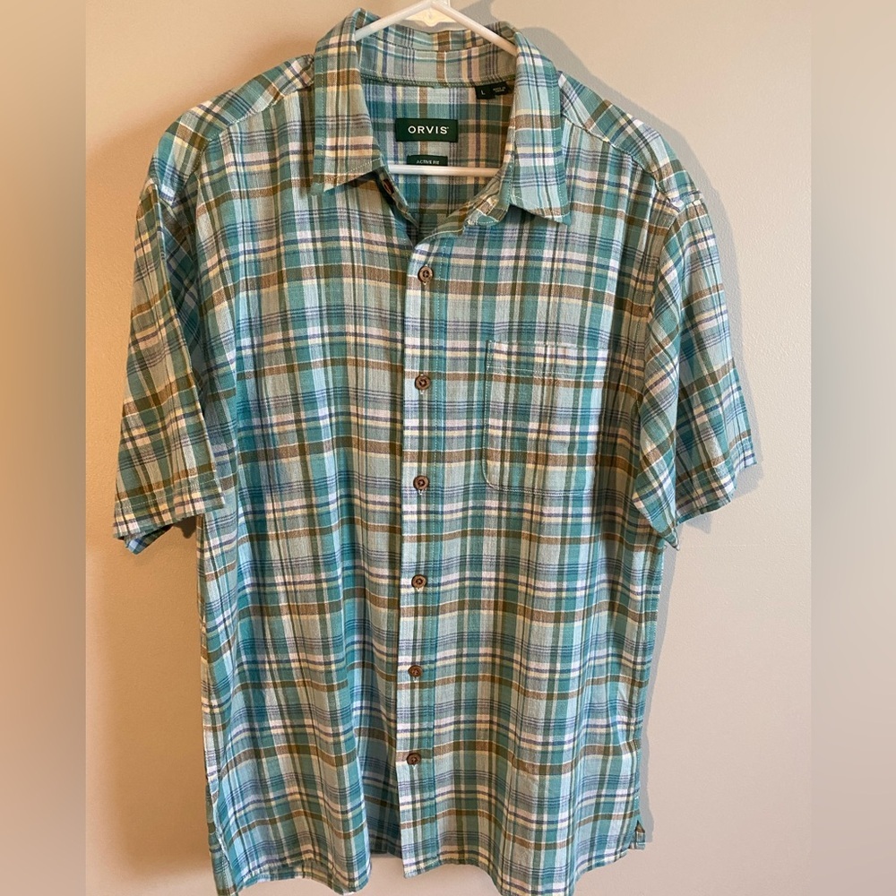 Men's Orvis Active Fit Short Sleeve 100% Cotton Woven Plaid Shirt Size L